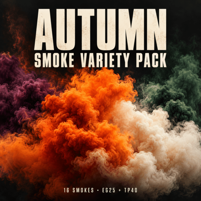 Autumn Smoke Variety Pack artwork with seasonal coloured smoke and text: 16 smokes, EG25 and TP40.