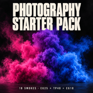 Photography Starter Pack artwork with pink, purple and blue smoke and text: 18 smokes, EG25, TP40 and EG18.