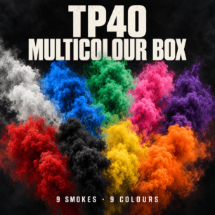 TP40 Multicolour Box artwork with nine colours of smoke and text: 9 smokes, 9 colours.