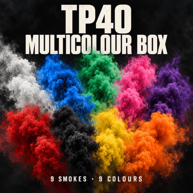 TP40 Multicolour Box artwork with nine colours of smoke and text: 9 smokes, 9 colours.